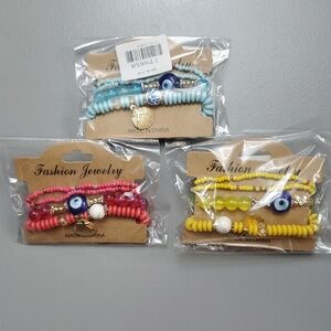 Fashion Jewelry Evil Eye Beaded Bracelets Set - Red, Blue, Yellow